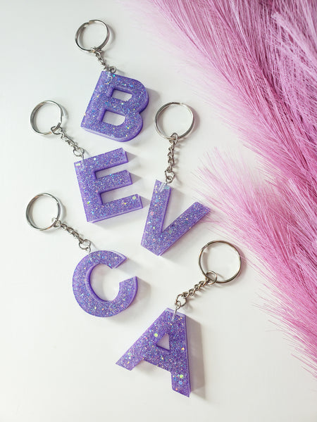Purple Glitter Custom Letter Keychain