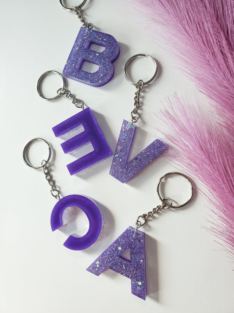 Cotton Candy Purple Pink Glitter Initial Keychain Name 