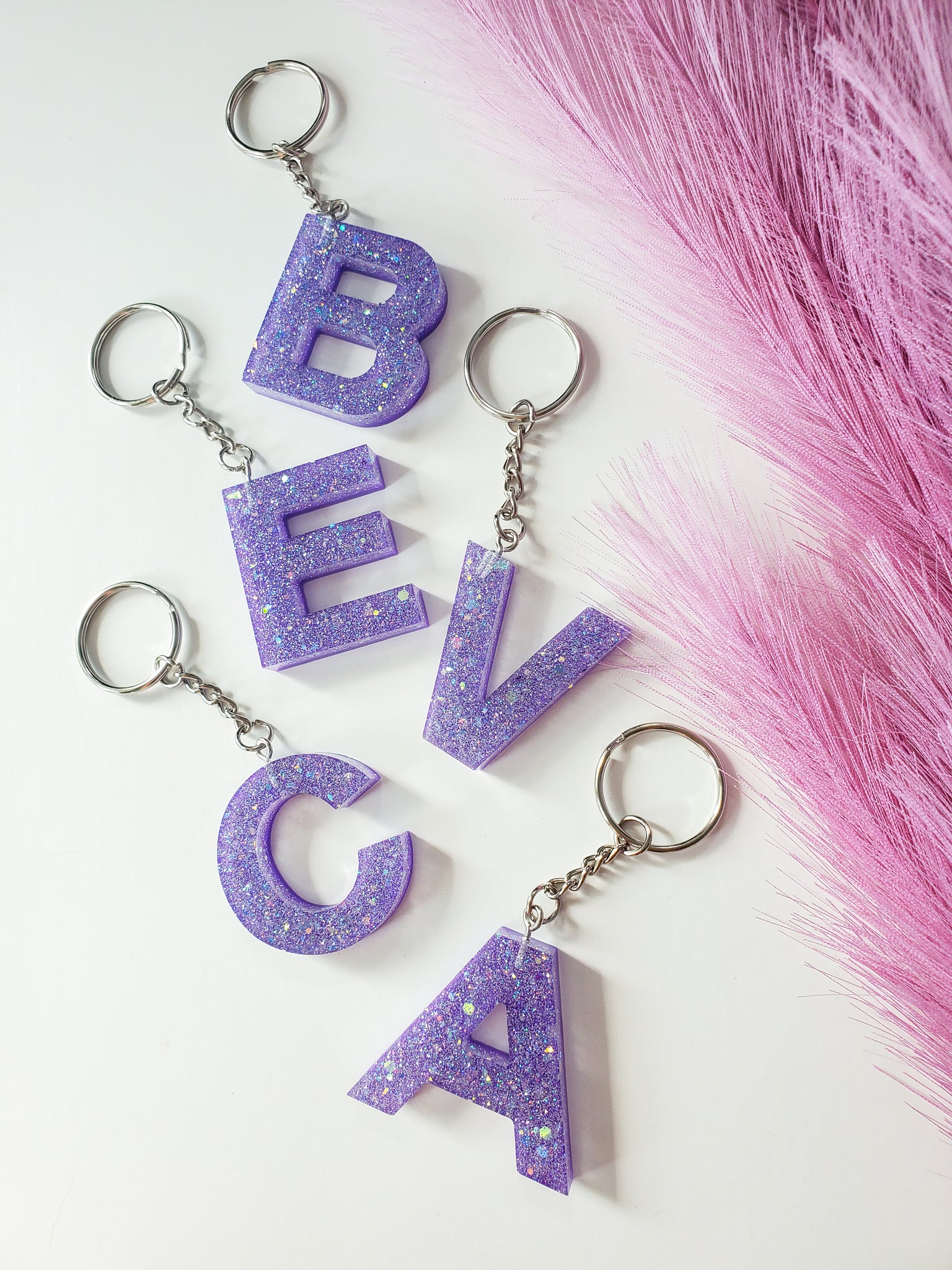 Resin Keychain, Round Shape, With Glittering Letters, Real Pink