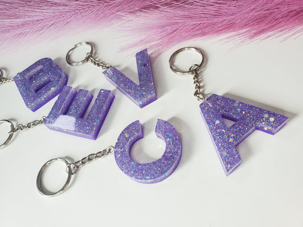 Handmade Glitter Resin Initial Keychain ~Glow In The Dark ~Choose Letter  ~Purple