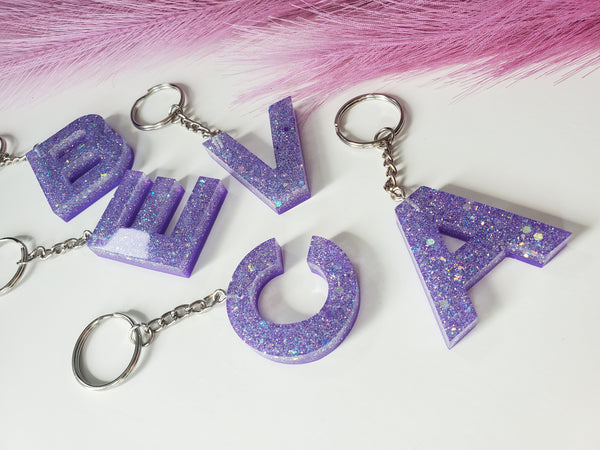 Purple Glitter Custom Letter Keychain