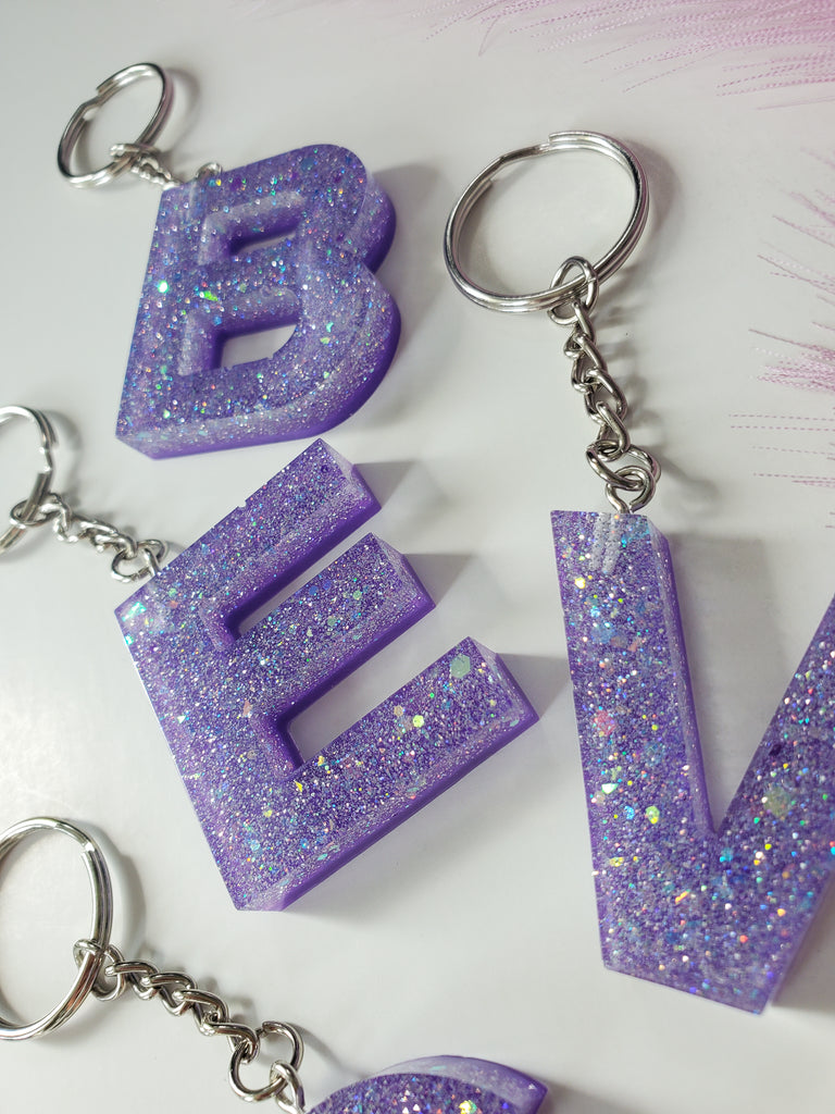 Custom Handmade Purple Resin Letter Keychain With Gold Glitter