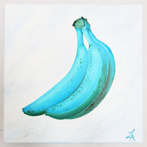painting of bunch of bananas that are teal instead of yellow painted in oil painting and cool white marble background 