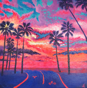 very bright and vibrant acrylic painting of california venice beach sunset