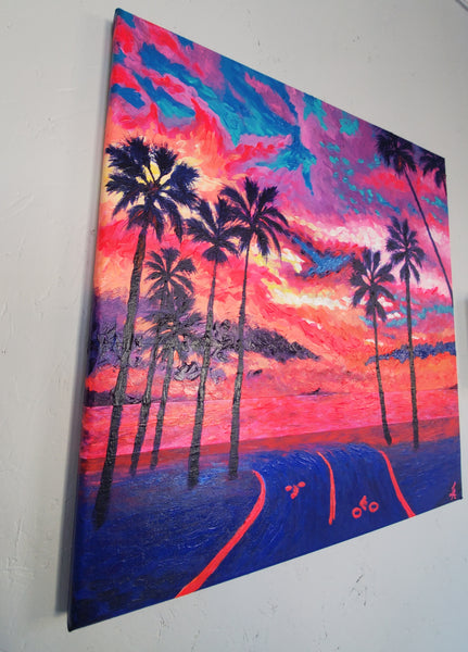 very bright and vibrant acrylic painting on canvas of california venice beach sunset left side view
