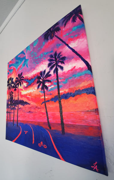 very bright and vibrant acrylic painting of california venice beach sunset right side view