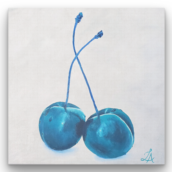 oil painting of teal cherries on canvas