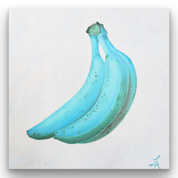 painting of bunch of bananas that are teal instead of yellow painted in oil painting and cool white marble background