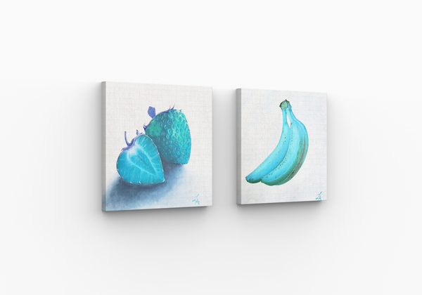 mockup of teal fruit painting collection including teal strawberry and banana painting